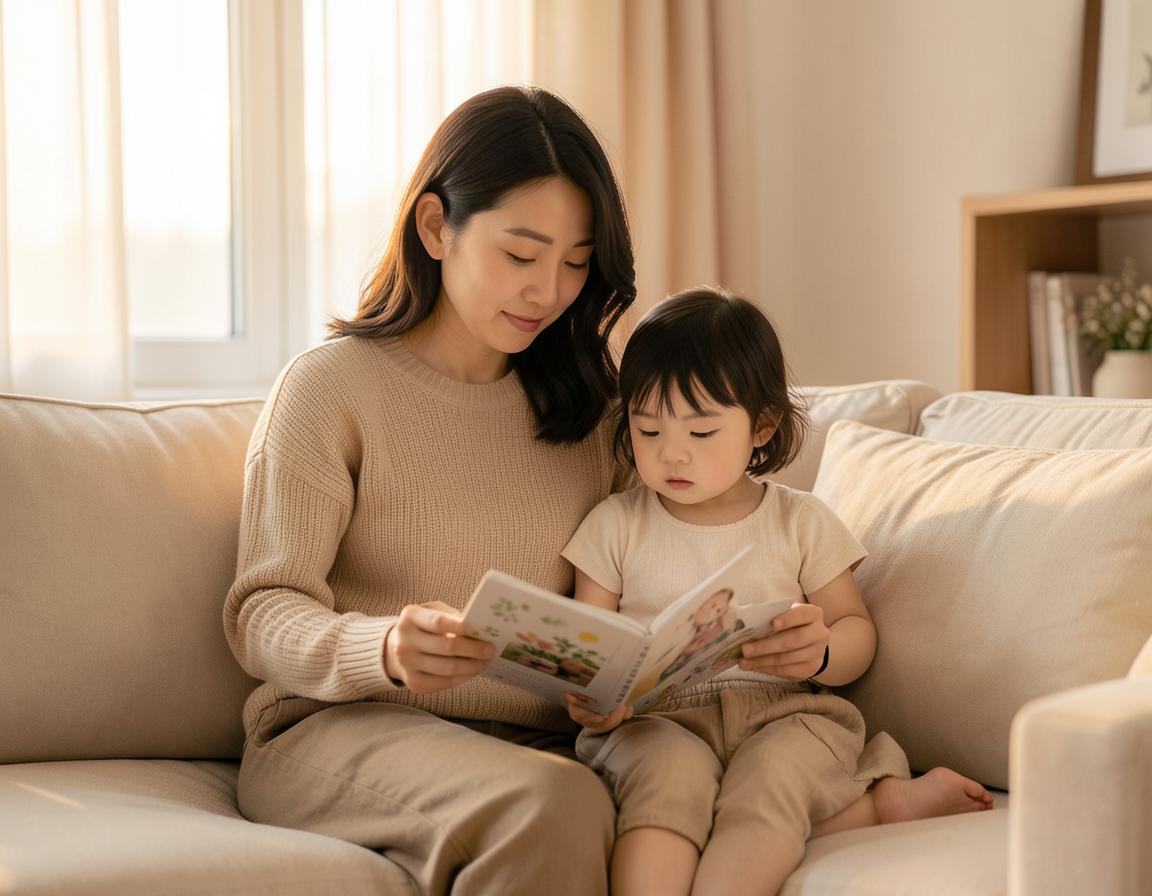 집에서 아이와 함께 그림책을 보며 의사소통하는 어머니